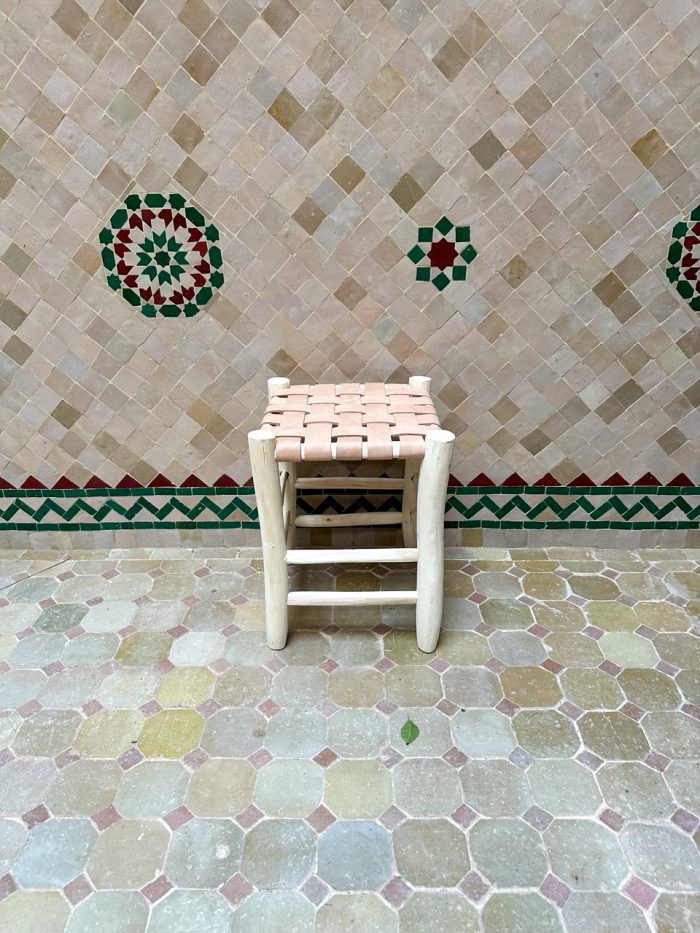 Small Natural Leather Wooden Stool handcrafted from solid wood with a genuine natural leather seat
