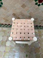 Small Natural Leather Wooden Stool handcrafted from solid wood with a genuine natural leather seat