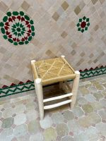 Small Yellow Rope Stool handcrafted from solid wood with a handwoven yellow rope seat