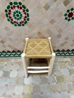 Small Yellow Rope Stool handcrafted from solid wood with a handwoven yellow rope seat
