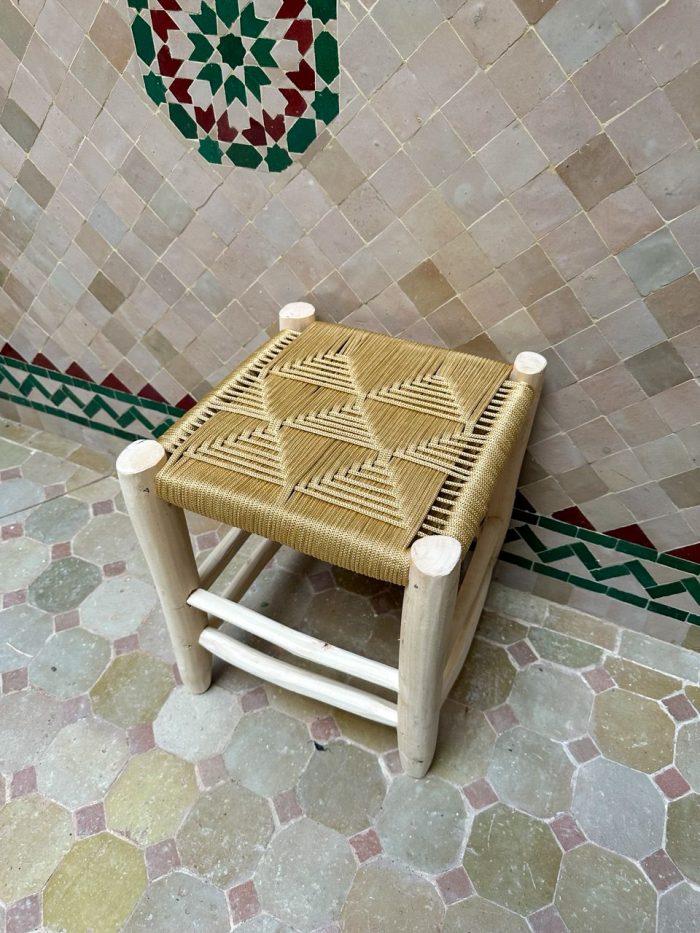 Small Yellow Rope Stool handcrafted from solid wood with a handwoven yellow rope seat