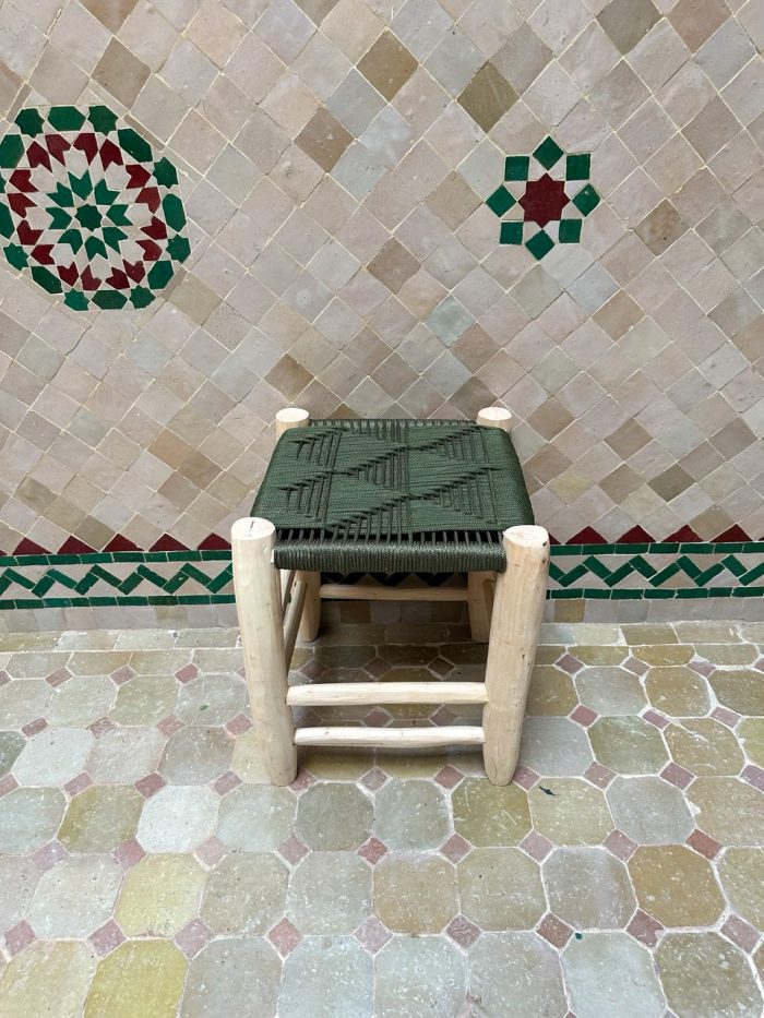Small Green Cord Bench Handmade Solid Wood Woven Moroccan Entryway Bench