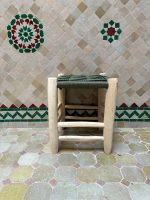 Small Green Cord Bench Handmade Solid Wood Woven Moroccan Entryway Bench
