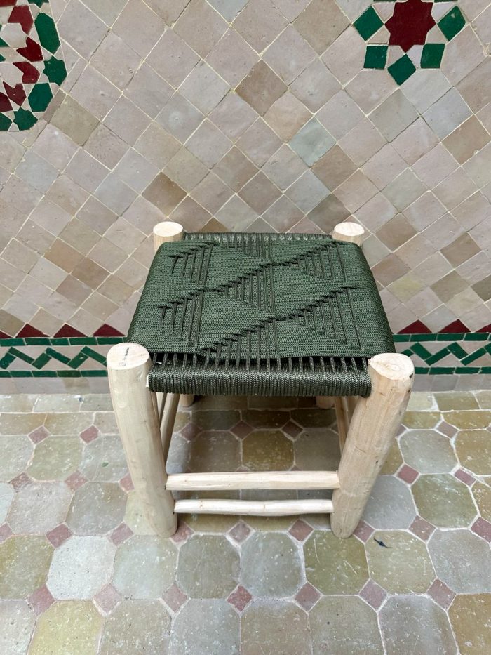 Small Green Cord Bench Handmade Solid Wood Woven Moroccan Entryway Bench