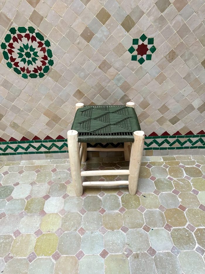 Small Green Cord Bench Handmade Solid Wood Woven Moroccan Entryway Bench