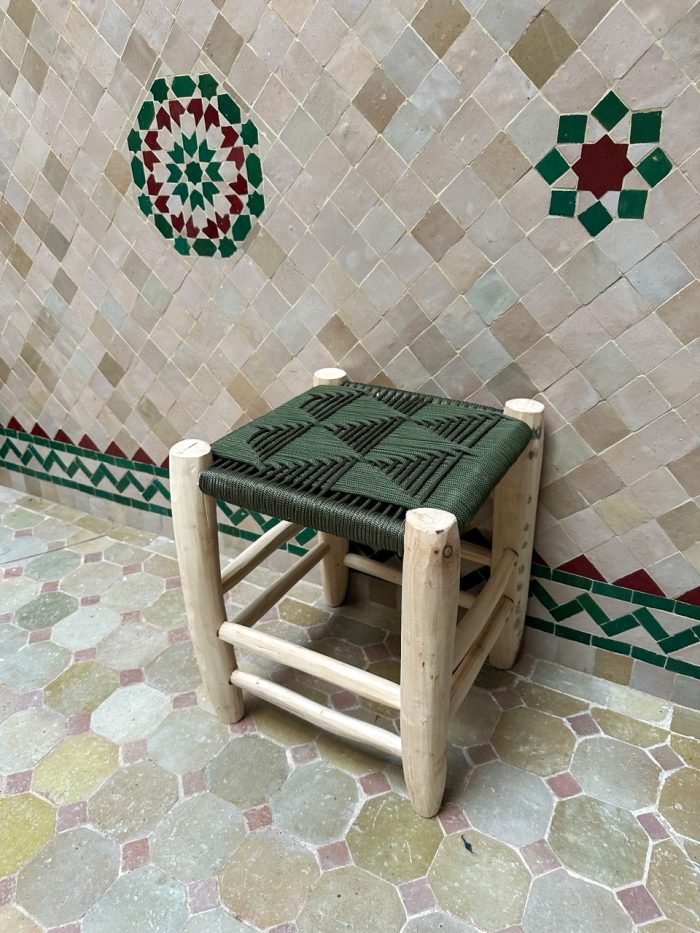 Small Green Cord Bench Handmade Solid Wood Woven Moroccan Entryway Bench