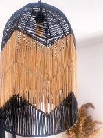 Black and natural bell raffia pendant light with geometric woven design