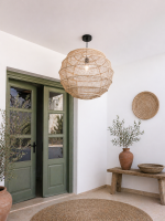 Handmade round raffia pendant light with woven globe basket shape