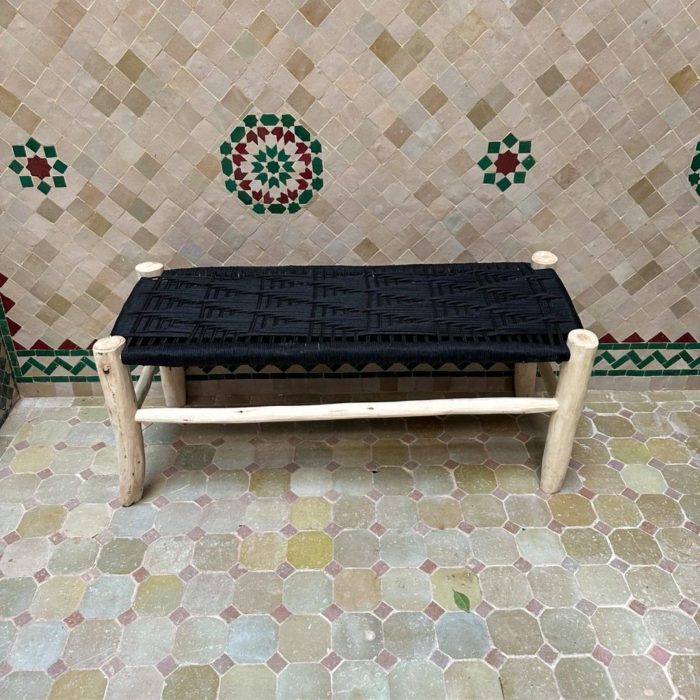 Black Cord Bench Handmade Solid Wood Woven Moroccan Entryway Bench