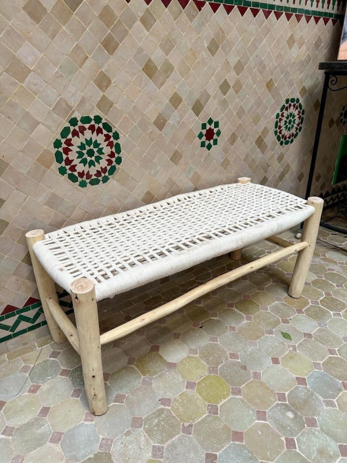 Handwoven Moroccan Bench with White Rope - Handmade Eucalyptus Wood - Image 2