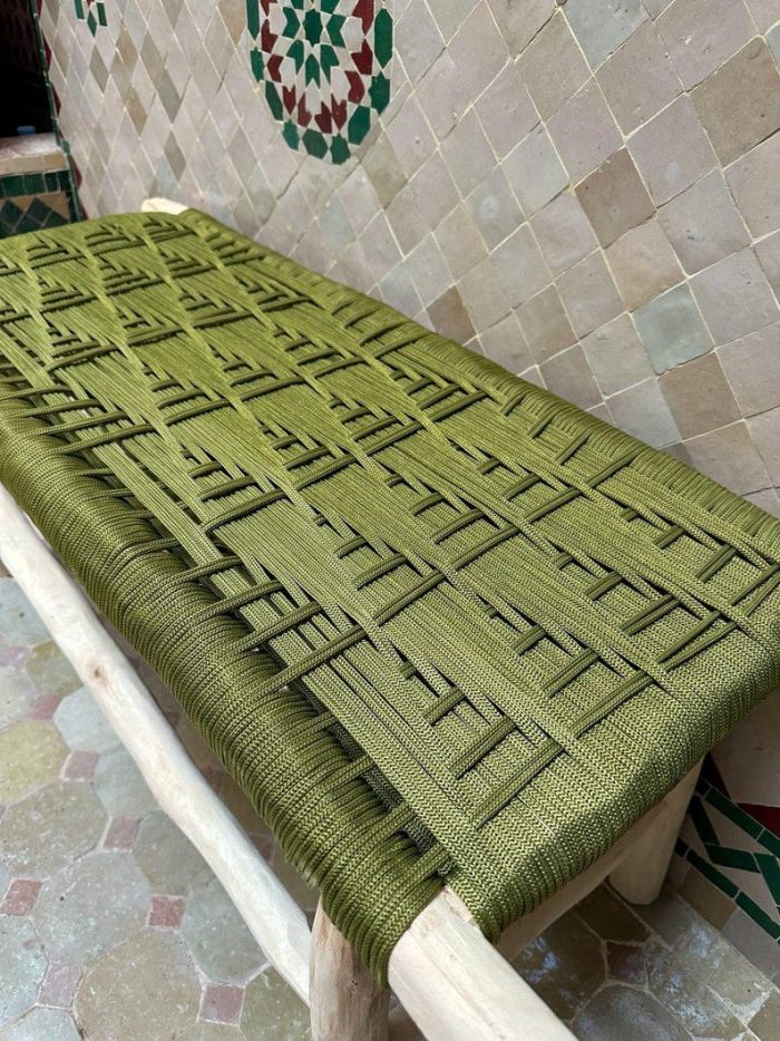 Handwoven Moroccan Bench with Green Rope - Handmade Eucalyptus Wood - Image 3