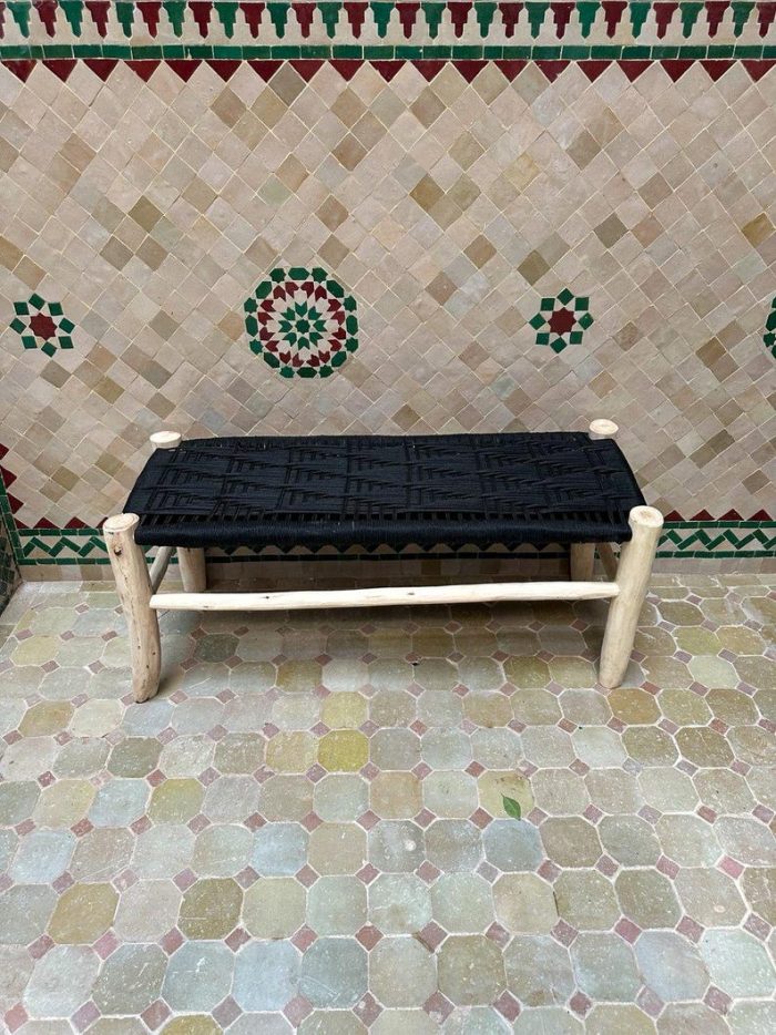 Handwoven Moroccan Bench with Black Rope - Handmade Eucalyptus Wood - Image 4