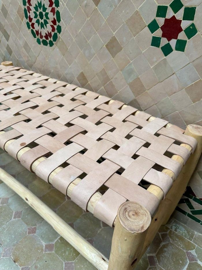 Handgemaakte Marokkaanse bank met naturel leer - Image 3