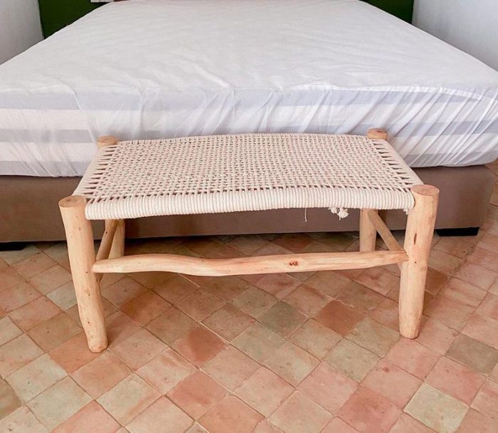 Handwoven Moroccan Bench with White Rope - Handmade Eucalyptus Wood - Image 2
