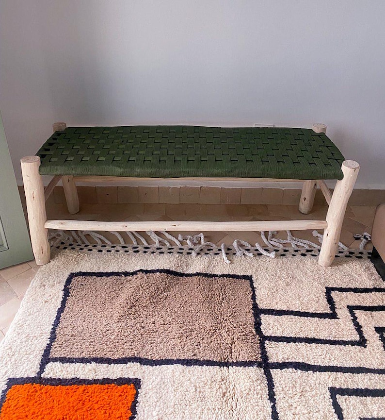 il_794xN.7453119484_62to Handwoven Moroccan Bench with Green Rope - Handmade Eucalyptus Wood - Image 1