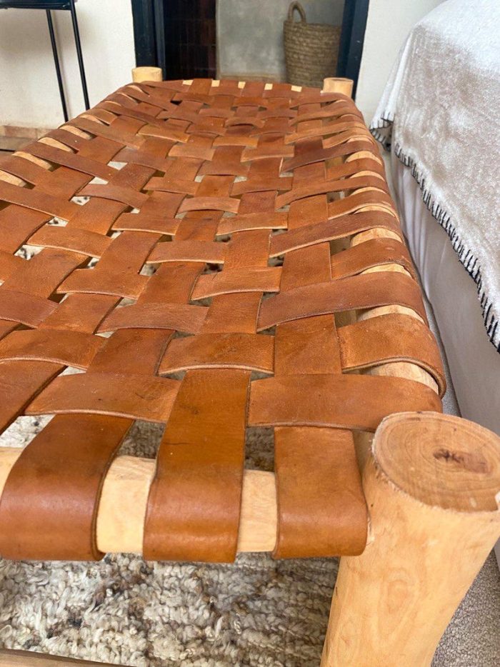 Handgemaakte Marokkaanse bank met bruin leer - Image 2