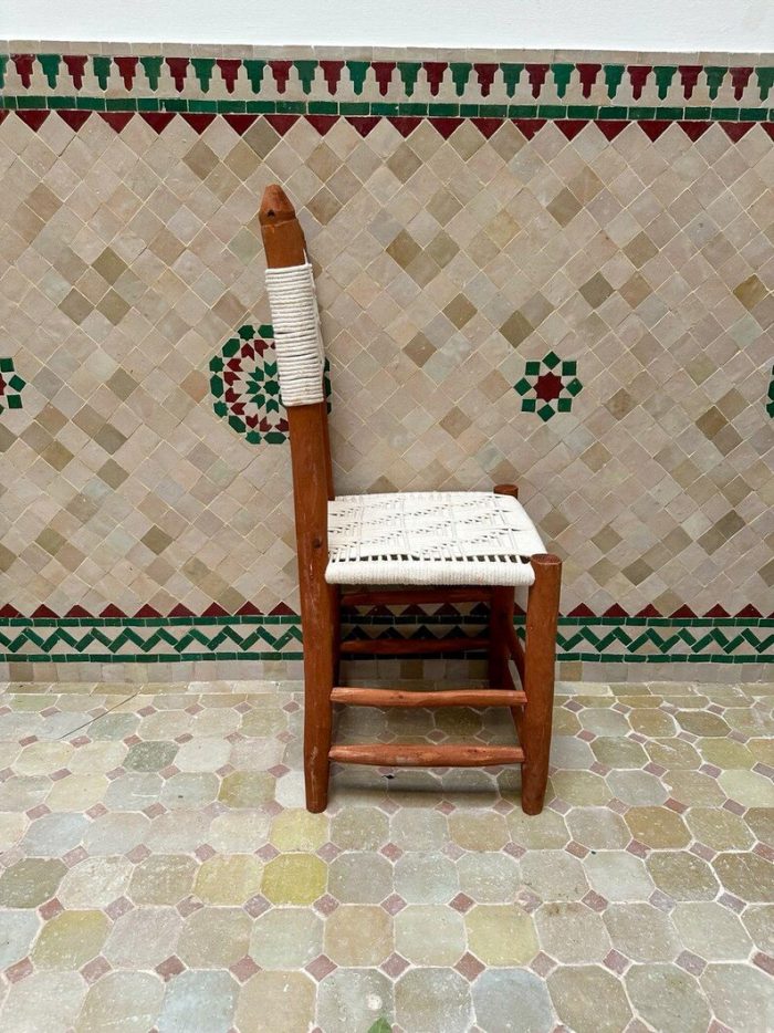 Moroccan Bohemian Wooden Chair with White Rope - Handmade - Image 5