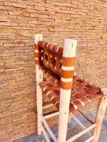 Moroccan Bar Stool with Leather Backrest - Handmade Wooden Stool - Image 3