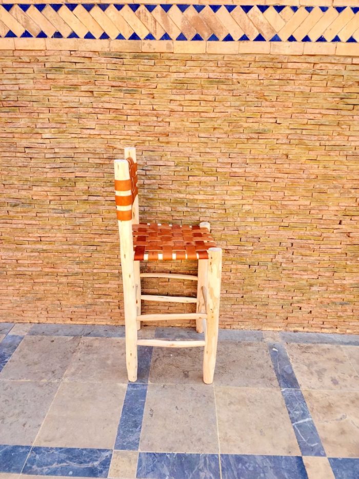 Moroccan Bar Stool with Leather Backrest - Handmade Wooden Stool - Image 4