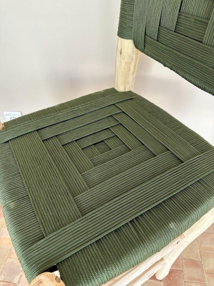 Moroccan Boho Bar Stool with Green Rope - Handmade Wooden Stool - Image 3