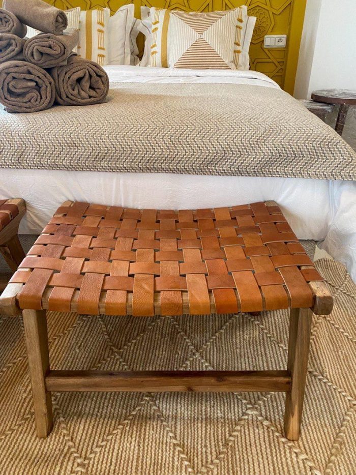 Set of 2 Handmade Moroccan Walnut Wood & Leather Benches - Image 4