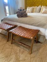 Set of 2 Handmade Moroccan Walnut Wood & Leather Benches - Image 3