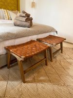 Set of 2 Handmade Moroccan Walnut Wood & Leather Benches - Image 2