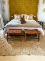 Set of 2 Handmade Moroccan Walnut Wood & Leather Benches