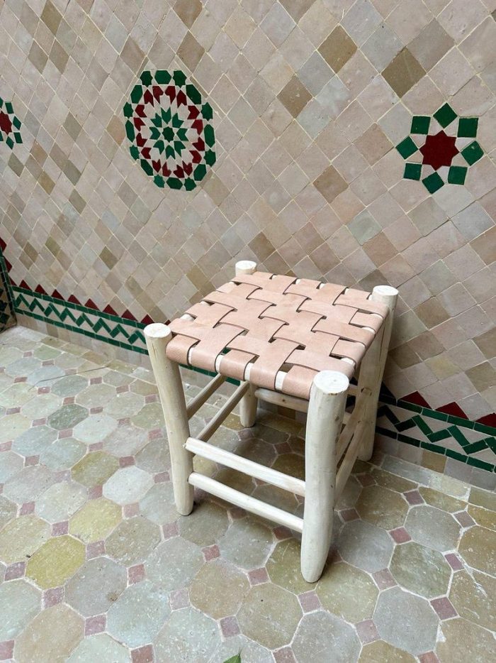 Handmade Moroccan Wooden Stool with Natural Leather Seat - Image 3