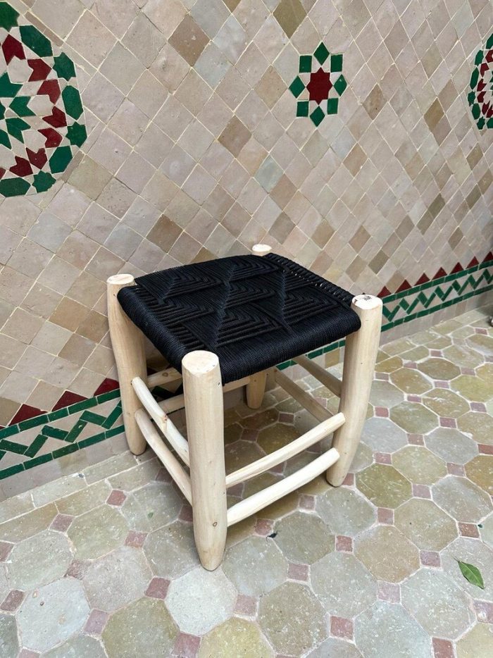 Small Handmade Moroccan Wooden Stool with Black Rope - Image 2