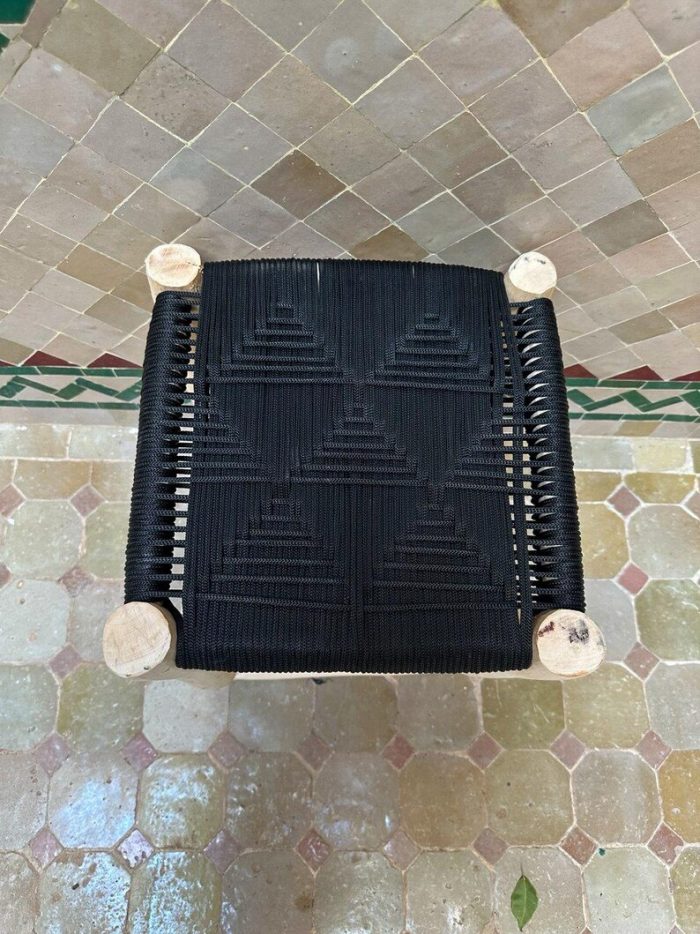Small Handmade Moroccan Wooden Stool with Black Rope - Image 4