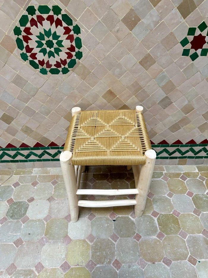 Small Handmade Moroccan Wooden Stool with Yellow Rope - Boho Accent - Image 2