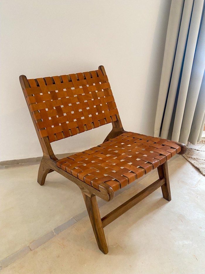 Moroccan Armchair in Nutwood with Brown Leather – Handmade Reclined Lounge Chair - Image 2