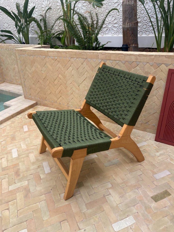 Moroccan Armchair in Nutwood with Green Cord – Handwoven Reclined Chair - Image 3