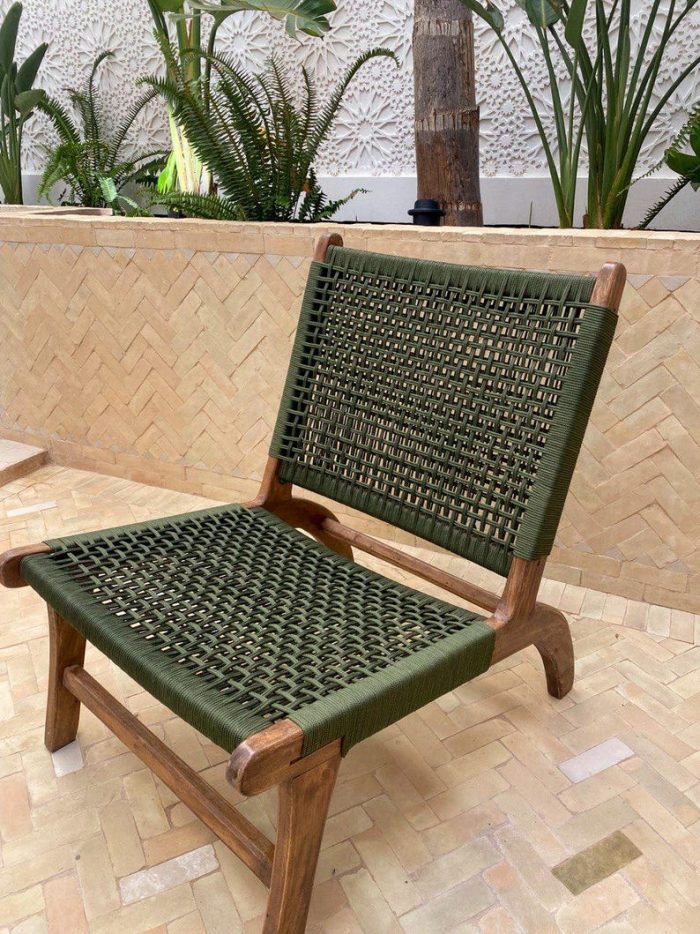 Moroccan Armchair in Nutwood with Green Cord – Handwoven Reclined Chair - Image 4