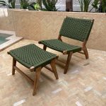 Sillón de nogal y otomana con cuerda verde – set artesanal marroquí