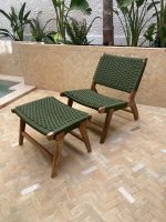 Moroccan Nutwood Armchair & Ottoman Set with Green Cord