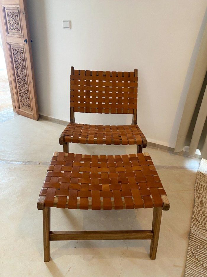 Moroccan Nutwood Armchair & Ottoman Set with Leather - Image 6