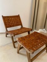 Moroccan Nutwood Armchair & Ottoman Set with Leather - Image 5