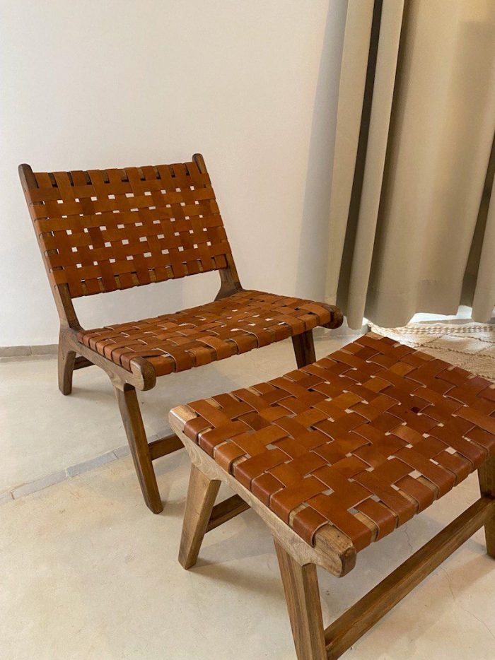 Moroccan Nutwood Armchair & Ottoman Set with Leather - Image 5
