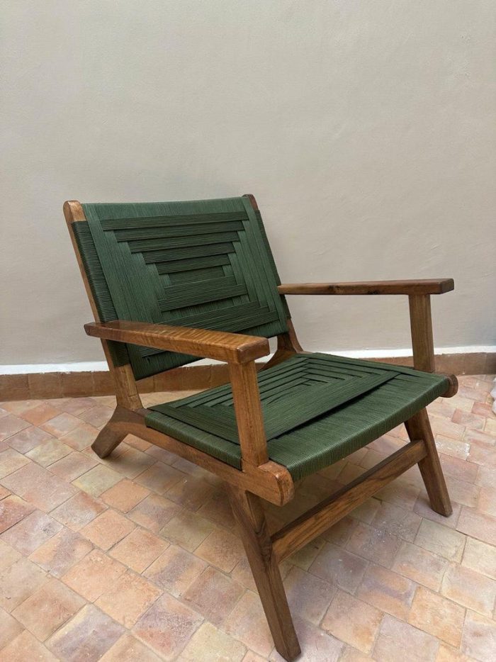 Walnut Wood Armchair with Green Cord Seat - Image 5