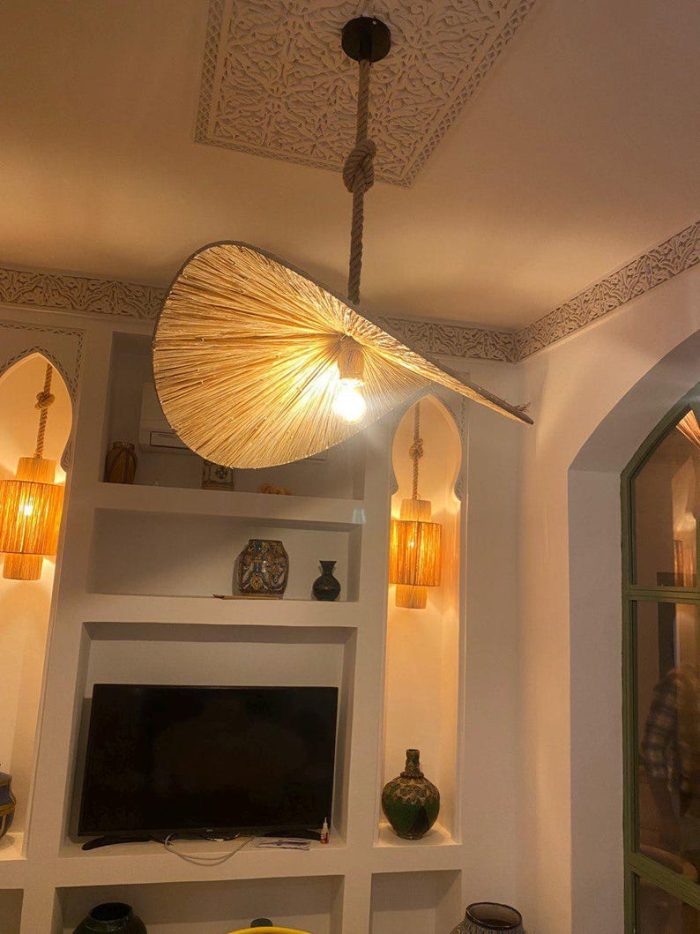 Handcrafted Raffia Pendant Light – Moroccan Parasol Lampshade - Image 3