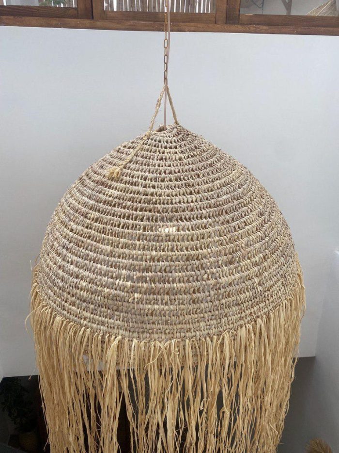 Moroccan Straw Ball Pendant Light with Raffia Fringe - Image 4