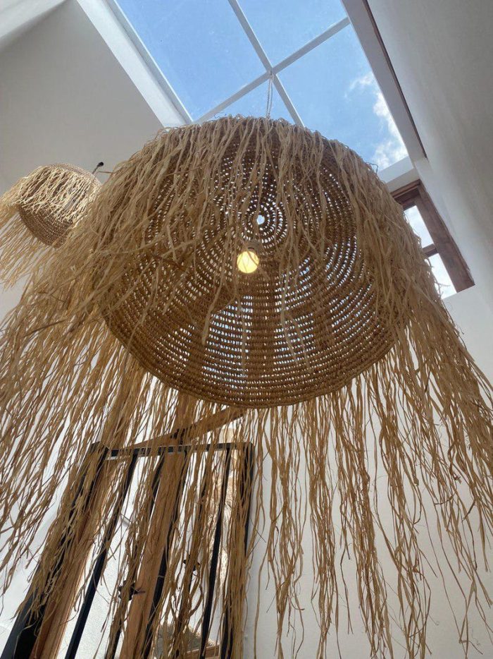 Moroccan Straw Ball Pendant Light with Raffia Fringe - Image 3