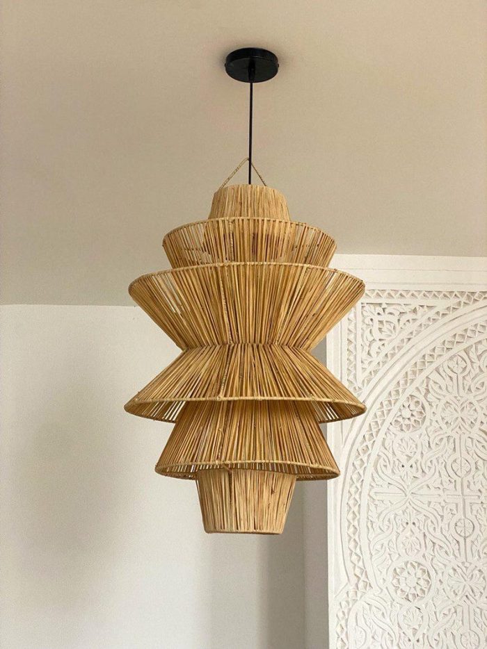 Handwoven Raffia Pendant Light – Multi-Level Pyramid Design - Image 6