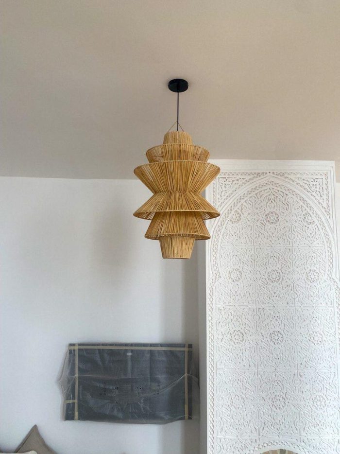 Handwoven Raffia Pendant Light – Multi-Level Pyramid Design - Image 7