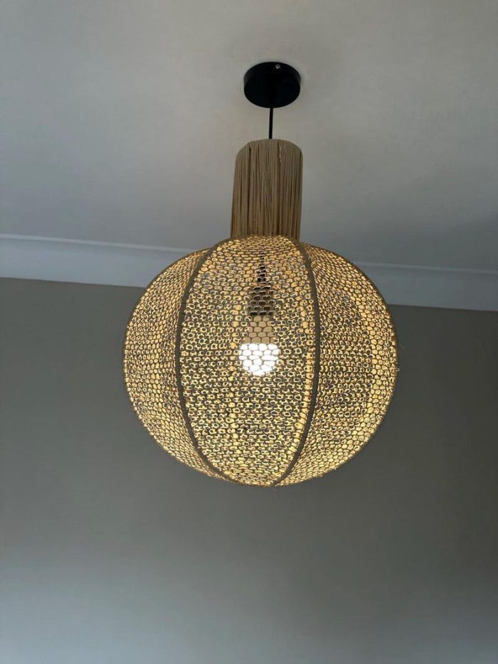 Natural Raffia Pendant Light – Round Woven Ceiling Lamp - Image 2