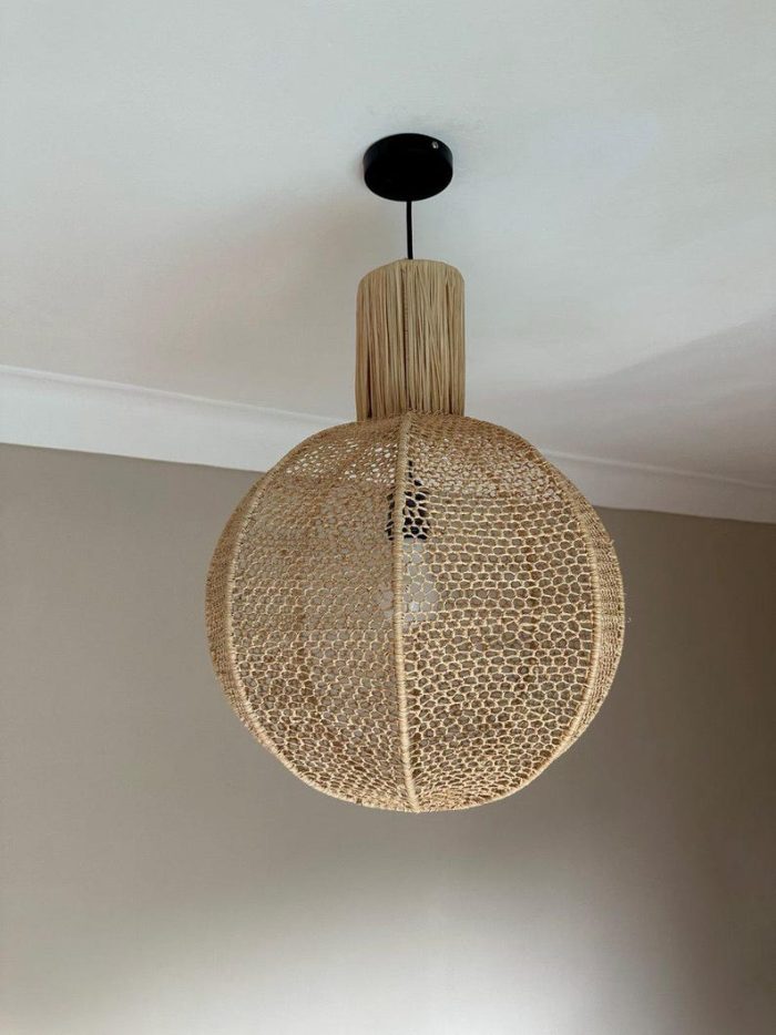 Natural Raffia Pendant Light – Round Woven Ceiling Lamp - Image 6