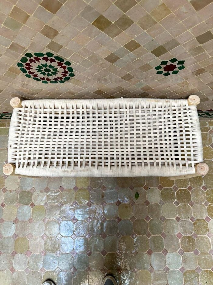 Handwoven Moroccan Bench with White Rope - Handmade Eucalyptus Wood - Image 4