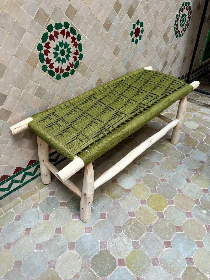 Handwoven Moroccan Bench with Green Rope - Handmade Eucalyptus Wood - Image 2